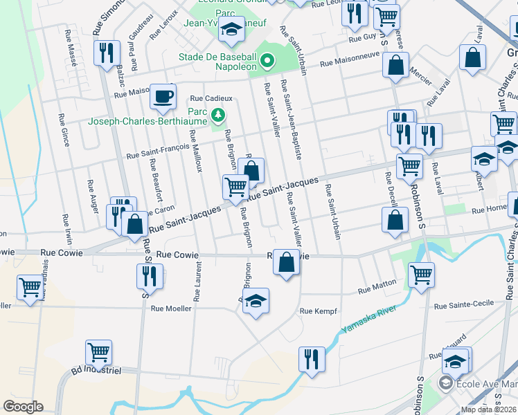 map of restaurants, bars, coffee shops, grocery stores, and more near Carré Saint Jacques in Granby