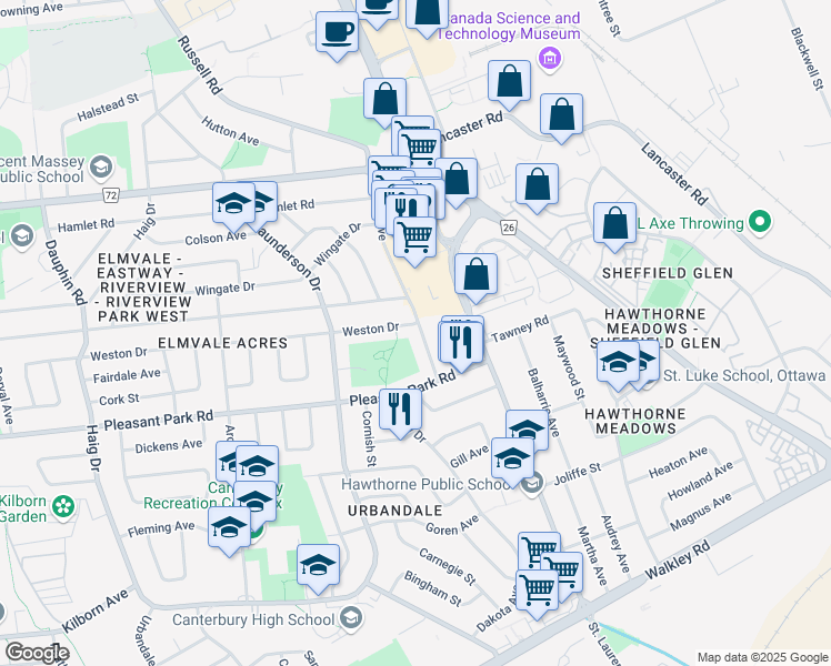 map of restaurants, bars, coffee shops, grocery stores, and more near 2024 Othello Avenue in Ottawa