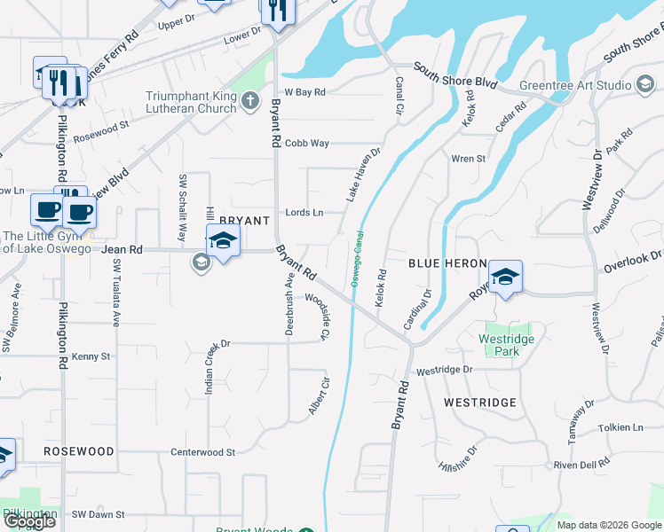 map of restaurants, bars, coffee shops, grocery stores, and more near 17965 Lake Haven Drive in Lake Oswego