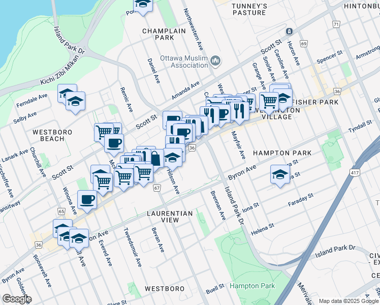 map of restaurants, bars, coffee shops, grocery stores, and more near in Ottawa