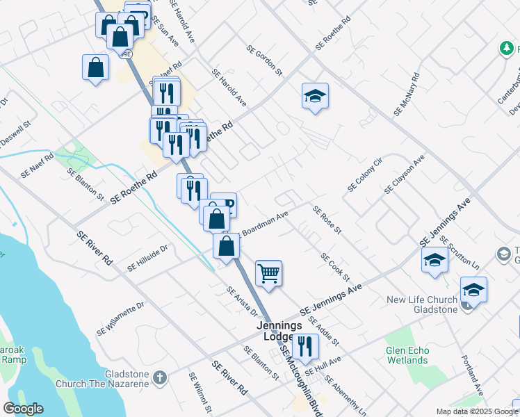map of restaurants, bars, coffee shops, grocery stores, and more near 4707 Southeast Boardman Avenue in Portland