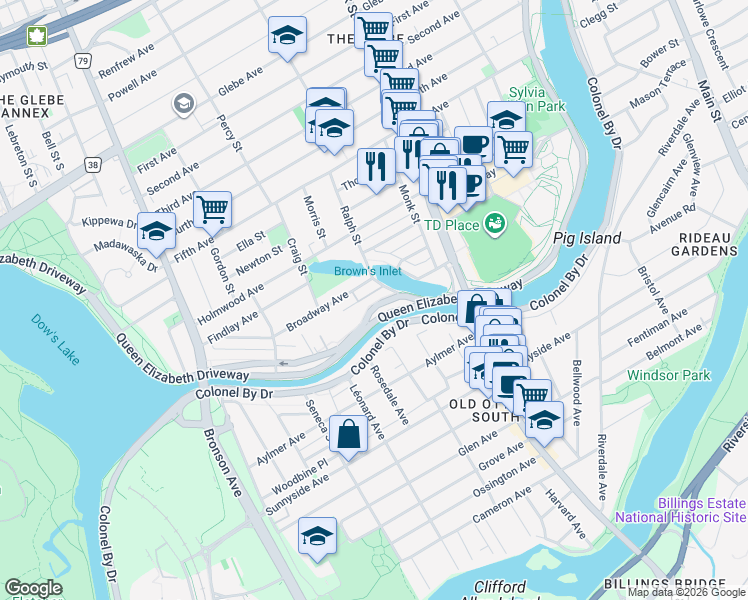 map of restaurants, bars, coffee shops, grocery stores, and more near 500 Queen Elizabeth Driveway in Ottawa