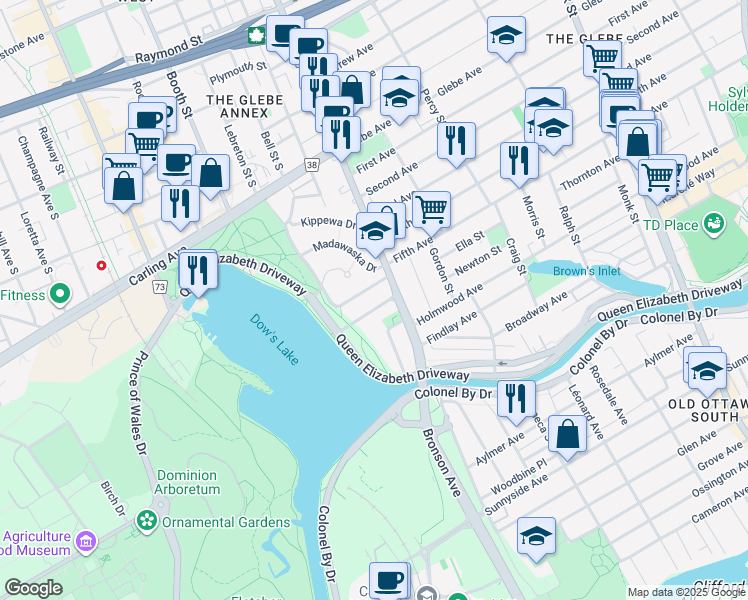 map of restaurants, bars, coffee shops, grocery stores, and more near 21 Lakeside Avenue in Ottawa