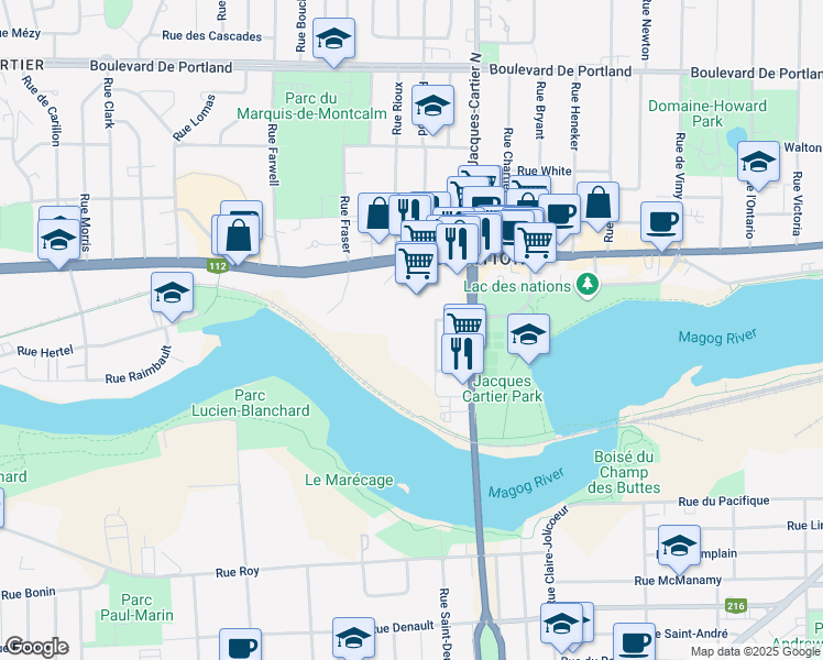 map of restaurants, bars, coffee shops, grocery stores, and more near 111 Rue Bellevue in Sherbrooke