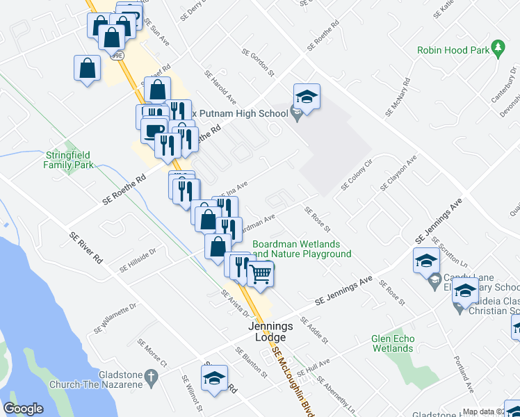 map of restaurants, bars, coffee shops, grocery stores, and more near 4811 Southeast Boardman Avenue in Milwaukie
