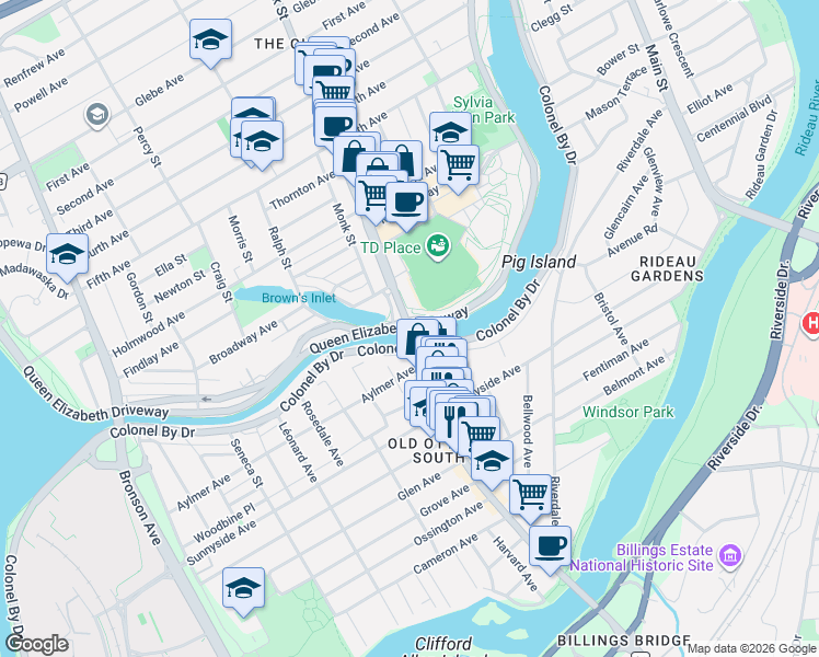 map of restaurants, bars, coffee shops, grocery stores, and more near 619 Bank Street in Ottawa