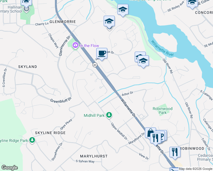 map of restaurants, bars, coffee shops, grocery stores, and more near 17766 Marylcreek Drive in Lake Oswego
