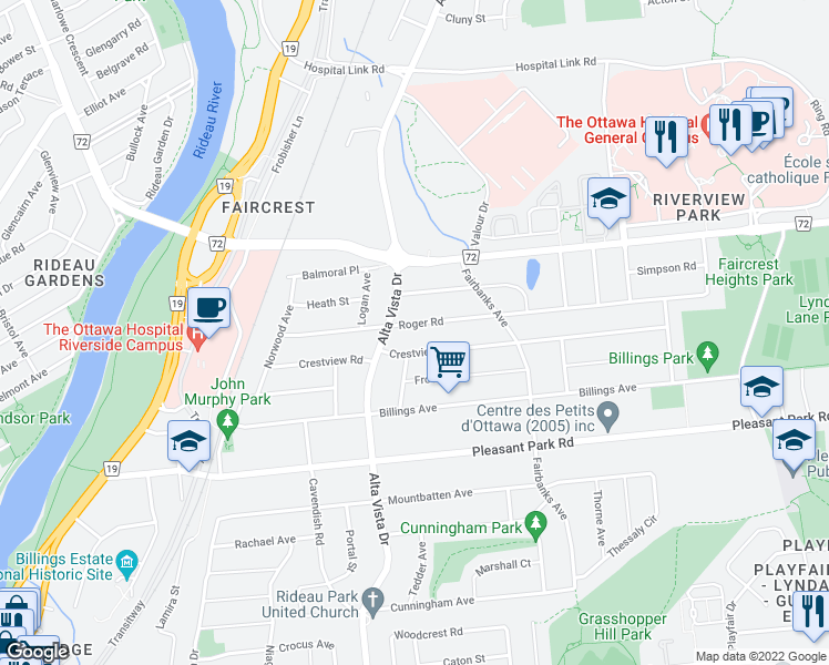 map of restaurants, bars, coffee shops, grocery stores, and more near in Ottawa