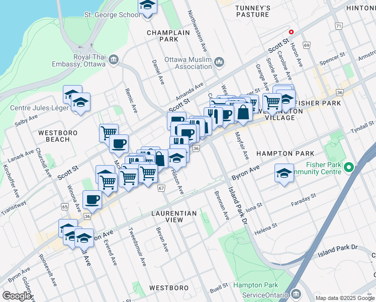 map of restaurants, bars, coffee shops, grocery stores, and more near in Ottawa