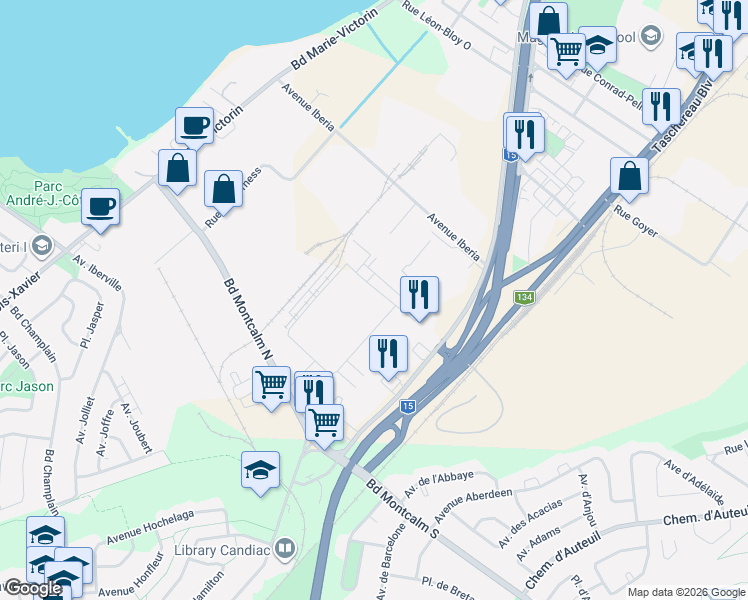 map of restaurants, bars, coffee shops, grocery stores, and more near 30 Rue d'Ambre in Candiac