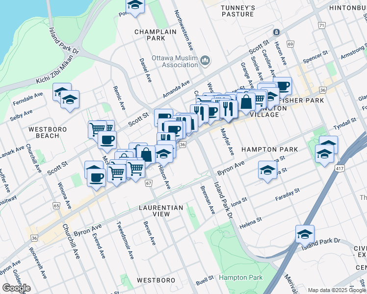 map of restaurants, bars, coffee shops, grocery stores, and more near 88 Richmond Road in Ottawa
