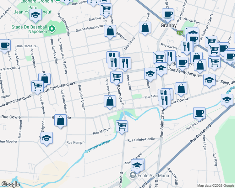 map of restaurants, bars, coffee shops, grocery stores, and more near 340 Rue Robinson Sud in Granby