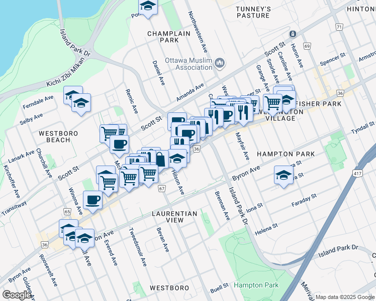map of restaurants, bars, coffee shops, grocery stores, and more near 101 Richmond Road in Ottawa