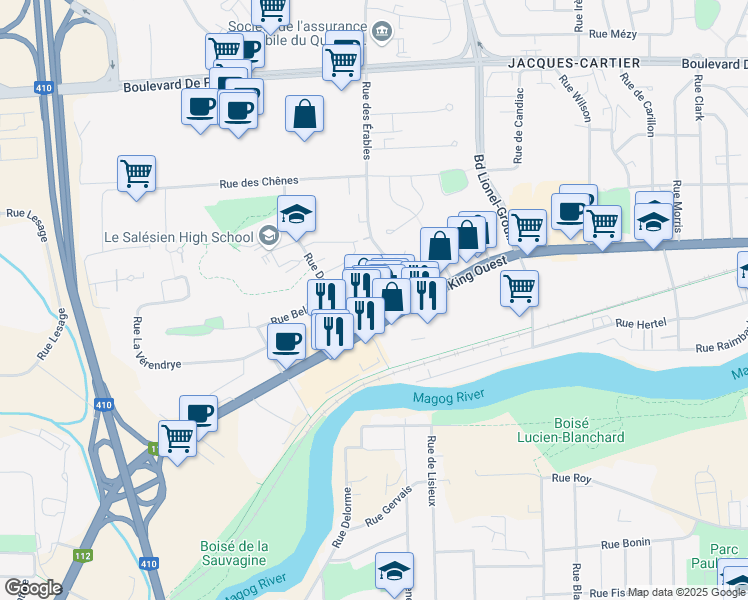 map of restaurants, bars, coffee shops, grocery stores, and more near 1145 Rue King Ouest in Sherbrooke