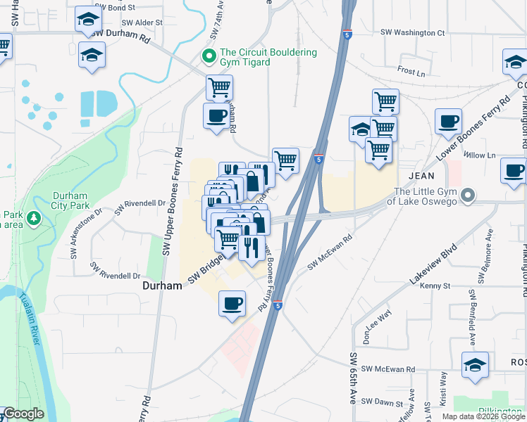 map of restaurants, bars, coffee shops, grocery stores, and more near Southwest Lower Boones Ferry Road in Portland