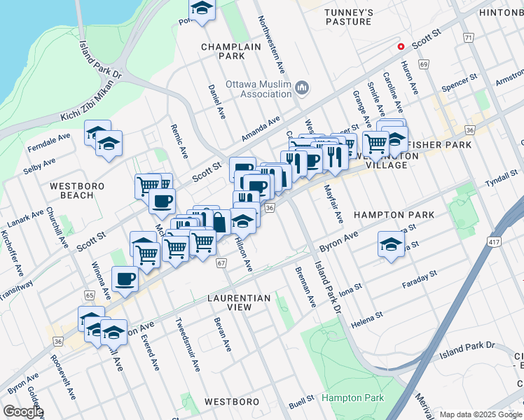 map of restaurants, bars, coffee shops, grocery stores, and more near 95 Richmond Road in Ottawa