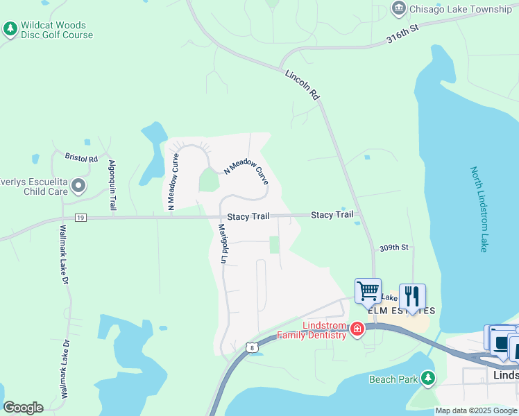 map of restaurants, bars, coffee shops, grocery stores, and more near 11930 North Meadow Curve in Lindstrom