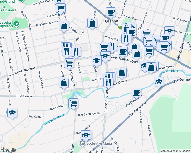 map of restaurants, bars, coffee shops, grocery stores, and more near 192 Rue Albert in Granby