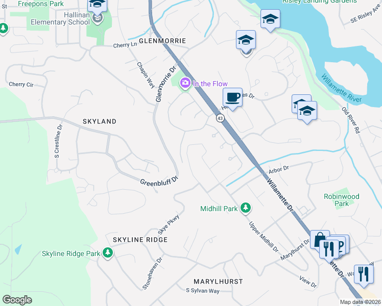 map of restaurants, bars, coffee shops, grocery stores, and more near 17701 Hillside Drive in West Linn