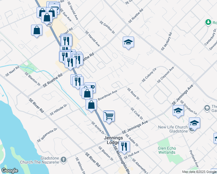 map of restaurants, bars, coffee shops, grocery stores, and more near 4912 Southeast Boardman Avenue in Portland