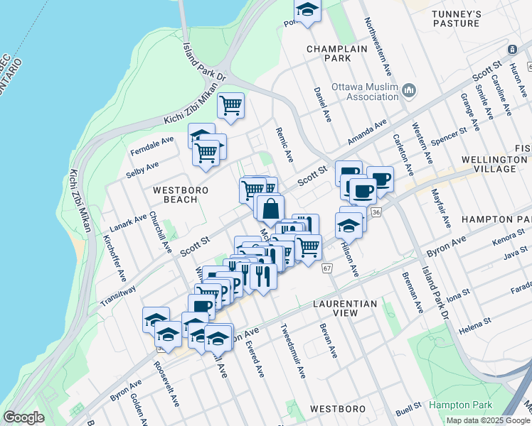 map of restaurants, bars, coffee shops, grocery stores, and more near in Ottawa