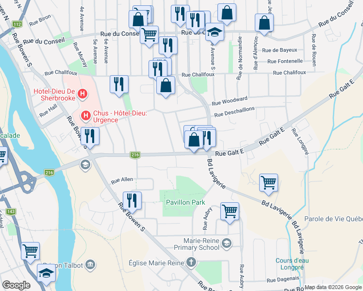 map of restaurants, bars, coffee shops, grocery stores, and more near 730 Rue Laviolette in Sherbrooke