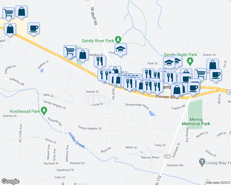 map of restaurants, bars, coffee shops, grocery stores, and more near 17510 Bluff Road in Sandy