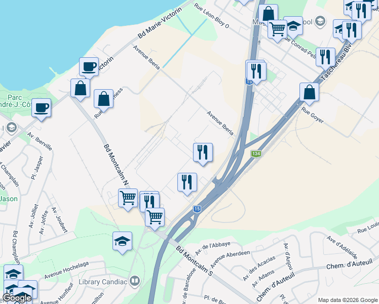 map of restaurants, bars, coffee shops, grocery stores, and more near 132 Rue d'Émeraude in Candiac