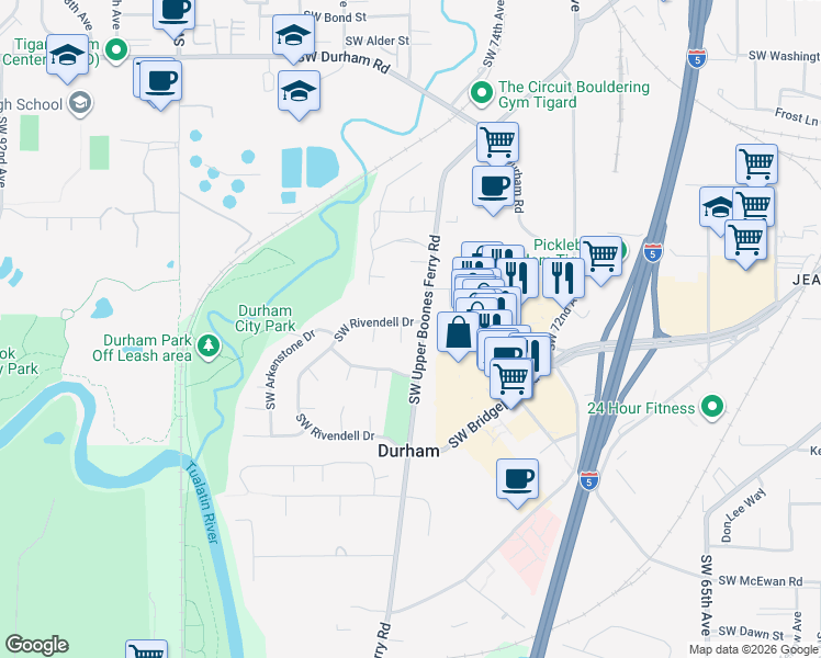 map of restaurants, bars, coffee shops, grocery stores, and more near 17014 Southwest Rivendell Drive in Portland