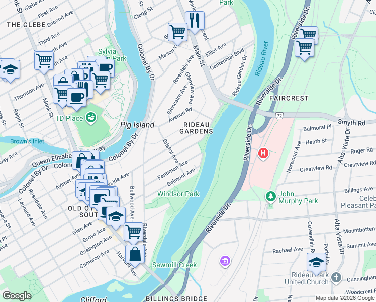 map of restaurants, bars, coffee shops, grocery stores, and more near 54 Brighton Avenue in Ottawa