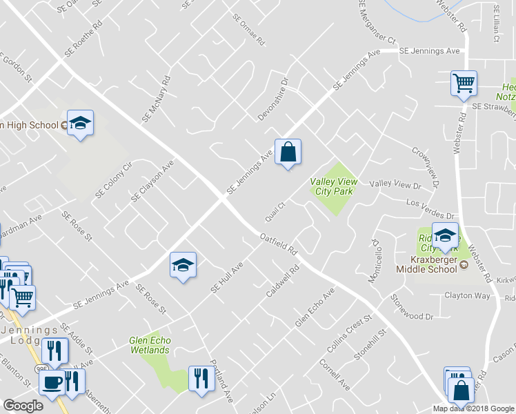 map of restaurants, bars, coffee shops, grocery stores, and more near 17514 Southeast Oatfield Road in Milwaukie