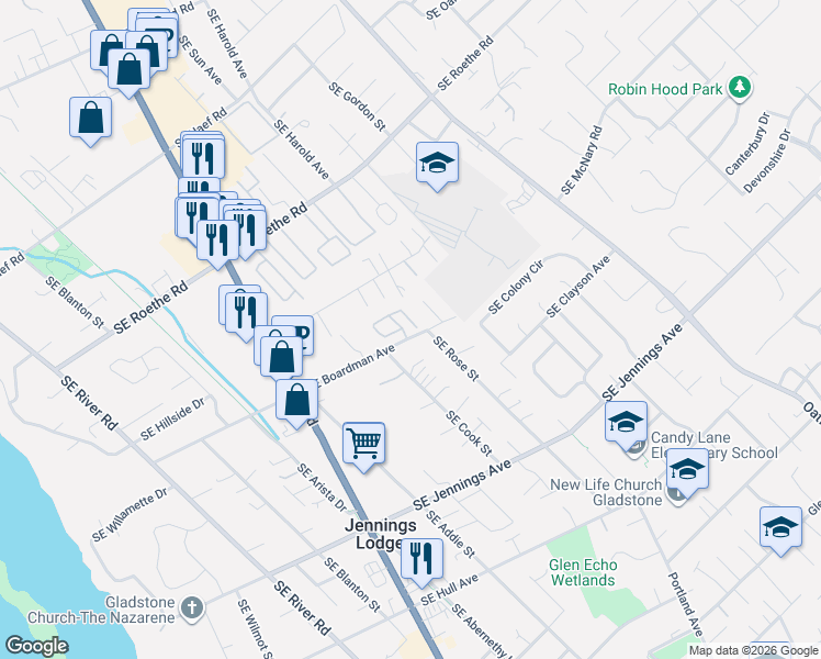map of restaurants, bars, coffee shops, grocery stores, and more near 4860 Southeast Vintage Place in Milwaukie