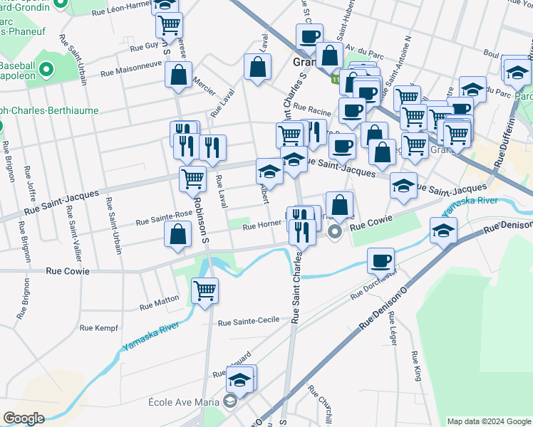 map of restaurants, bars, coffee shops, grocery stores, and more near 188 Rue Albert in Granby