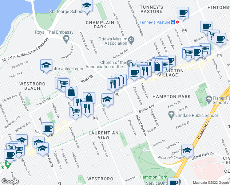 map of restaurants, bars, coffee shops, grocery stores, and more near 89 Richmond Road in Ottawa