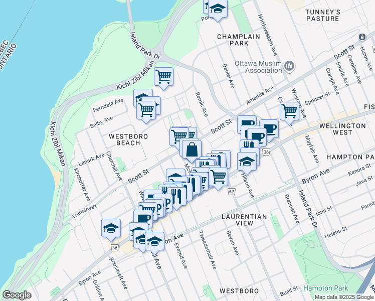 map of restaurants, bars, coffee shops, grocery stores, and more near 1960 Scott Street in Ottawa