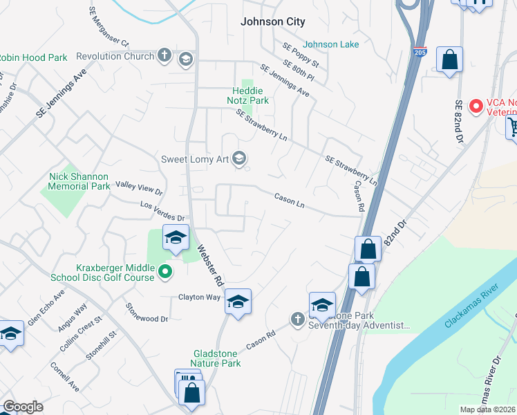 map of restaurants, bars, coffee shops, grocery stores, and more near 7610 Cason Lane in Gladstone