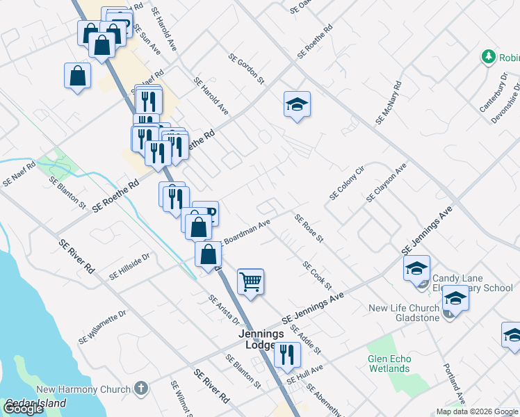 map of restaurants, bars, coffee shops, grocery stores, and more near 17474 Southeast Reserve Loop in Milwaukie