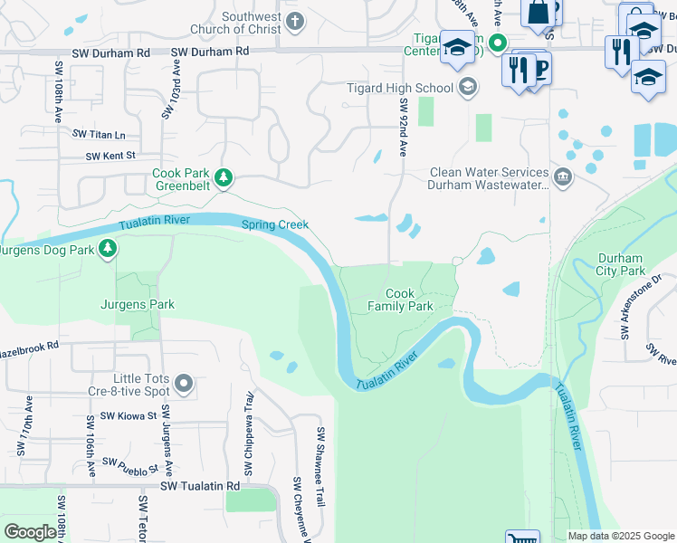 map of restaurants, bars, coffee shops, grocery stores, and more near 17005 Southwest 92nd Avenue in Tigard