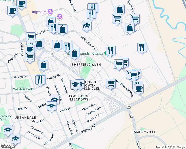 map of restaurants, bars, coffee shops, grocery stores, and more near 2570 Southvale Crescent in Ottawa