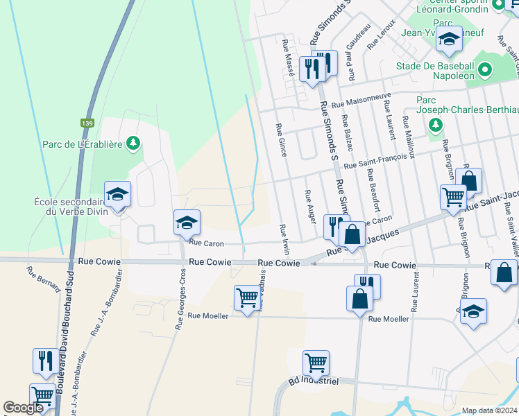map of restaurants, bars, coffee shops, grocery stores, and more near 910 Rue du Verbe-Divin in Granby