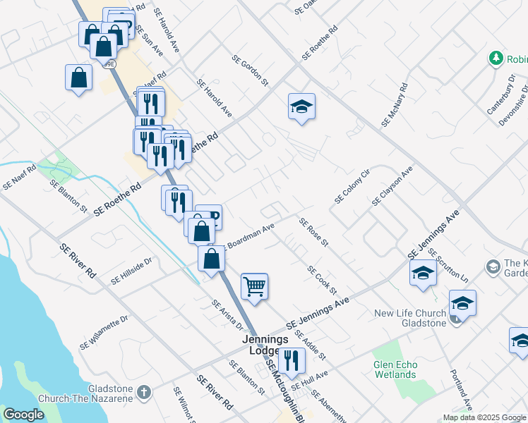 map of restaurants, bars, coffee shops, grocery stores, and more near 17474 Southeast Reserve Loop in Milwaukie