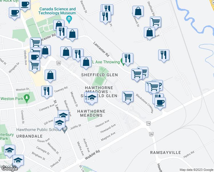 map of restaurants, bars, coffee shops, grocery stores, and more near 2570 Southvale Crescent in Ottawa