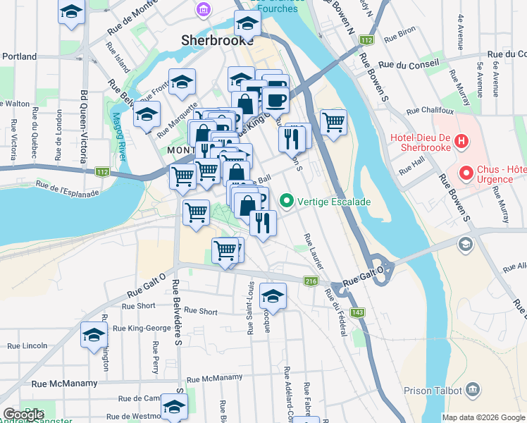 map of restaurants, bars, coffee shops, grocery stores, and more near 254 Rue Gillespie in Sherbrooke