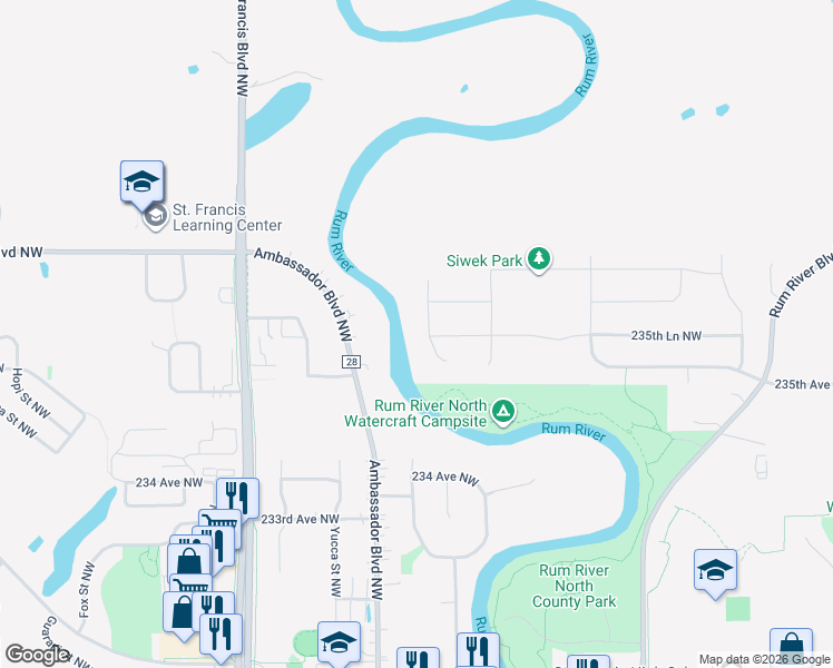 map of restaurants, bars, coffee shops, grocery stores, and more near 23566 Vintage Street Northwest in Saint Francis