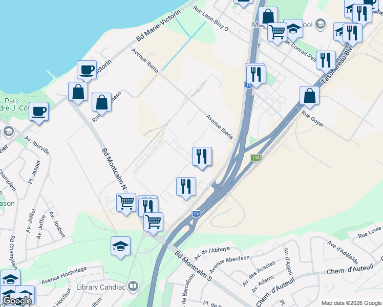 map of restaurants, bars, coffee shops, grocery stores, and more near 160 Rue d'Émeraude in Candiac