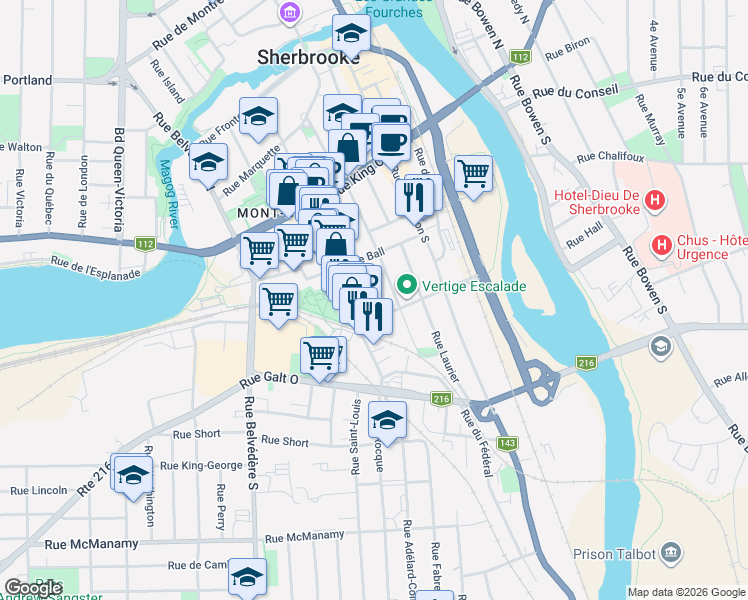 map of restaurants, bars, coffee shops, grocery stores, and more near 254 Rue Gillespie in Sherbrooke