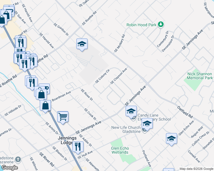map of restaurants, bars, coffee shops, grocery stores, and more near 17375 Southeast Pilgrim Court in Milwaukie