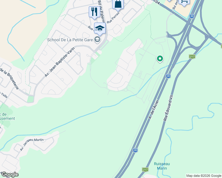 map of restaurants, bars, coffee shops, grocery stores, and more near 1025 Boulevard de Palerme in La Prairie