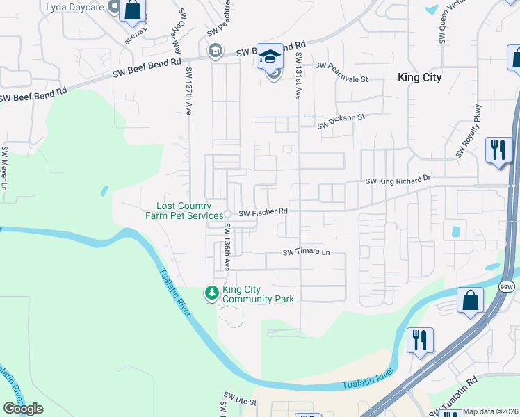 map of restaurants, bars, coffee shops, grocery stores, and more near 16917 Southwest 133rd Terrace in King City