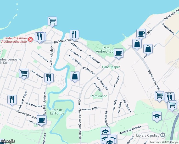 map of restaurants, bars, coffee shops, grocery stores, and more near 12 Place Mercier in Candiac